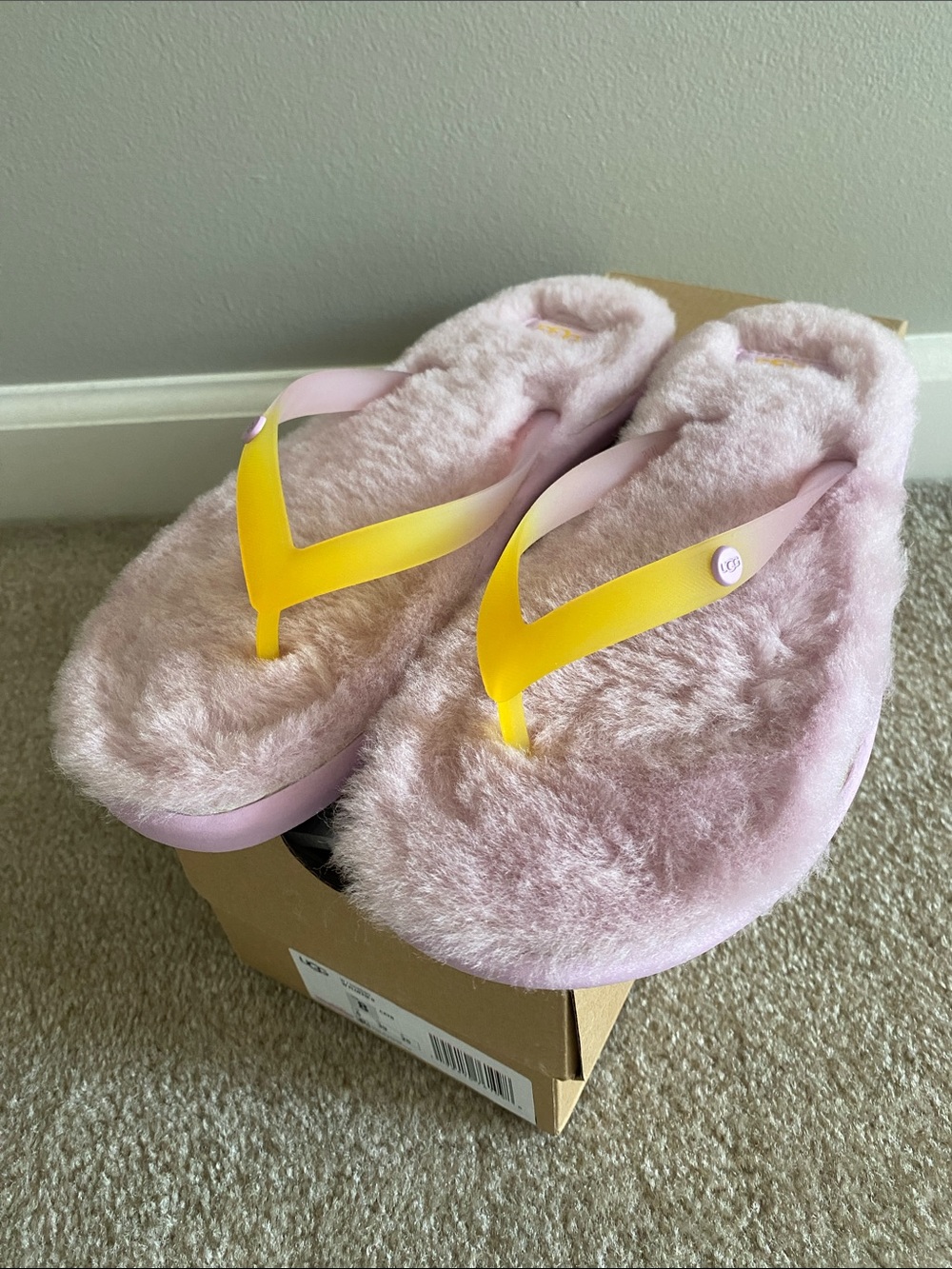 UGG Pink Plush Flip-Flop Slippers with Yellow Ombre Straps